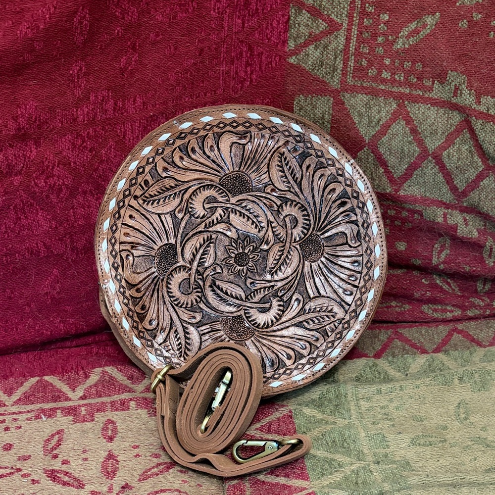 Beautiful Tooled canteen Leather and suede Crossbody Bag - Brown Floral Design